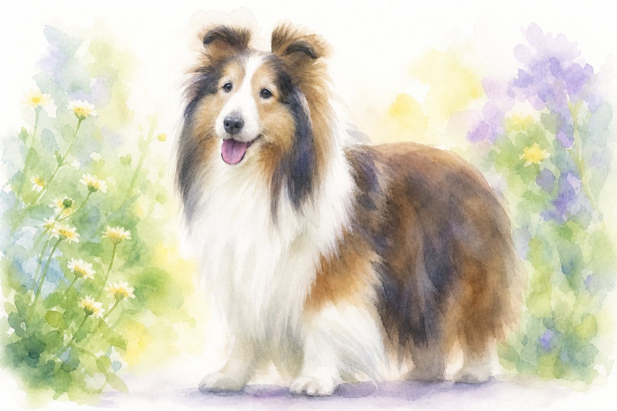 水彩風で描いたシェルティのイラスト