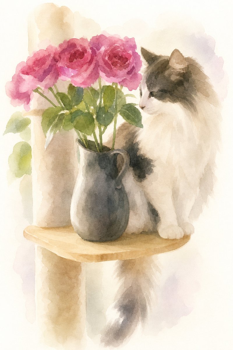 バラと猫のイラスト作例