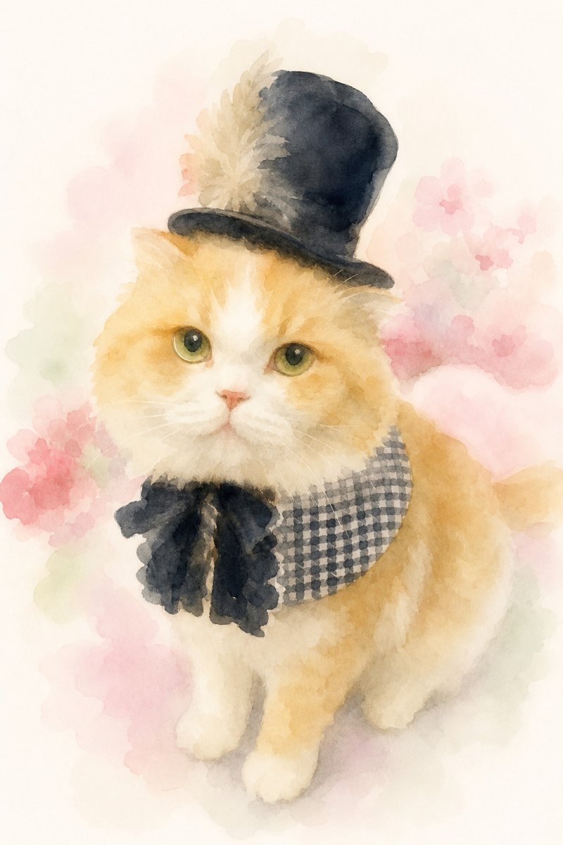 帽子をかぶった猫のイラスト作例